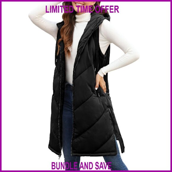 Jackets & Blazers - Women's Long Puffer Vest Hooded Sleeveless Quilted Winter Jacket with Pockets